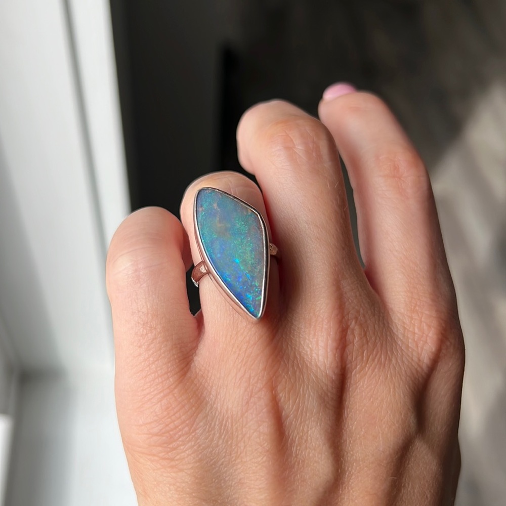 Custom Genuine Solid Opal Ring Size 6 Blue & Green Sterling Silver Hammered Band